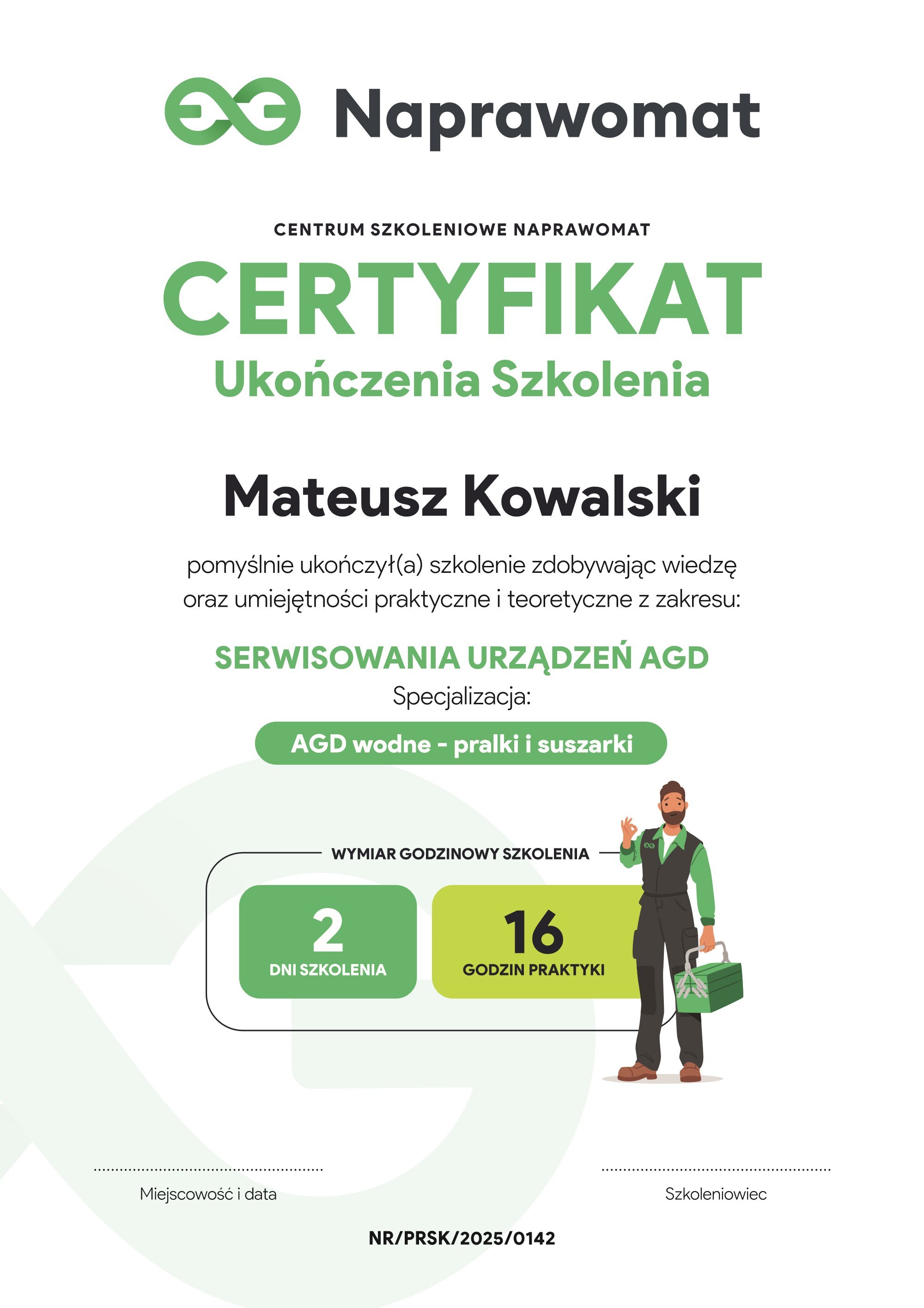 Wzór certyfikatu ukończenia szkolenia AGD w Naprawomat